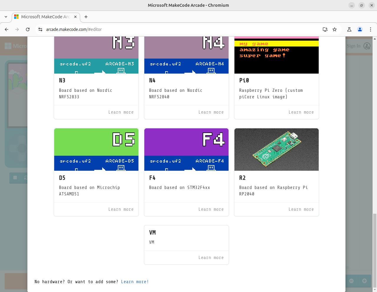 Enabling Experimental Hardware in MakeCode Arcade